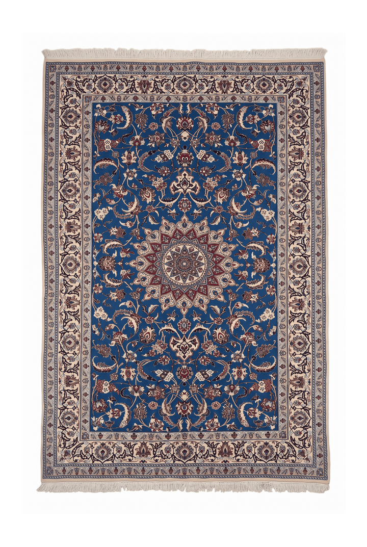 Cobalt Blue and Ivory Medallion Nain, Hand-Knotted Wool Rug