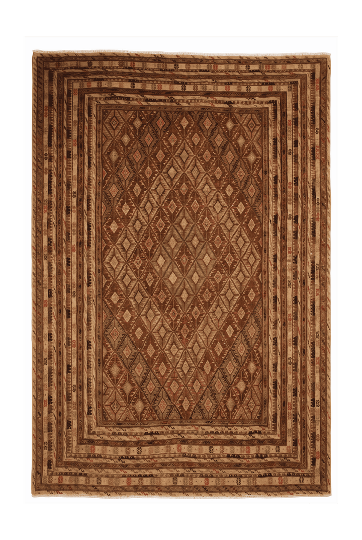 Camel and Brown Diamond Lattice Kilim, Hand-Woven Wool