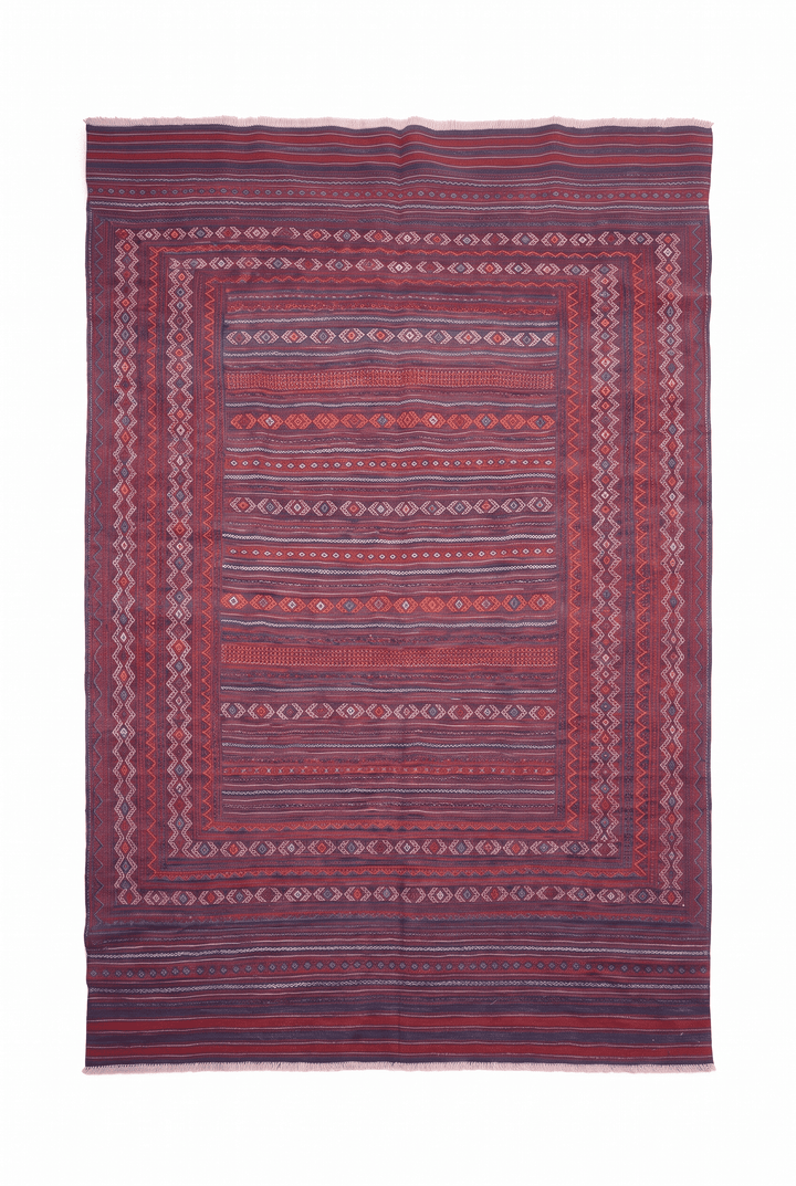 Rose Red and Plum Kilim, Hand-Woven Wool
