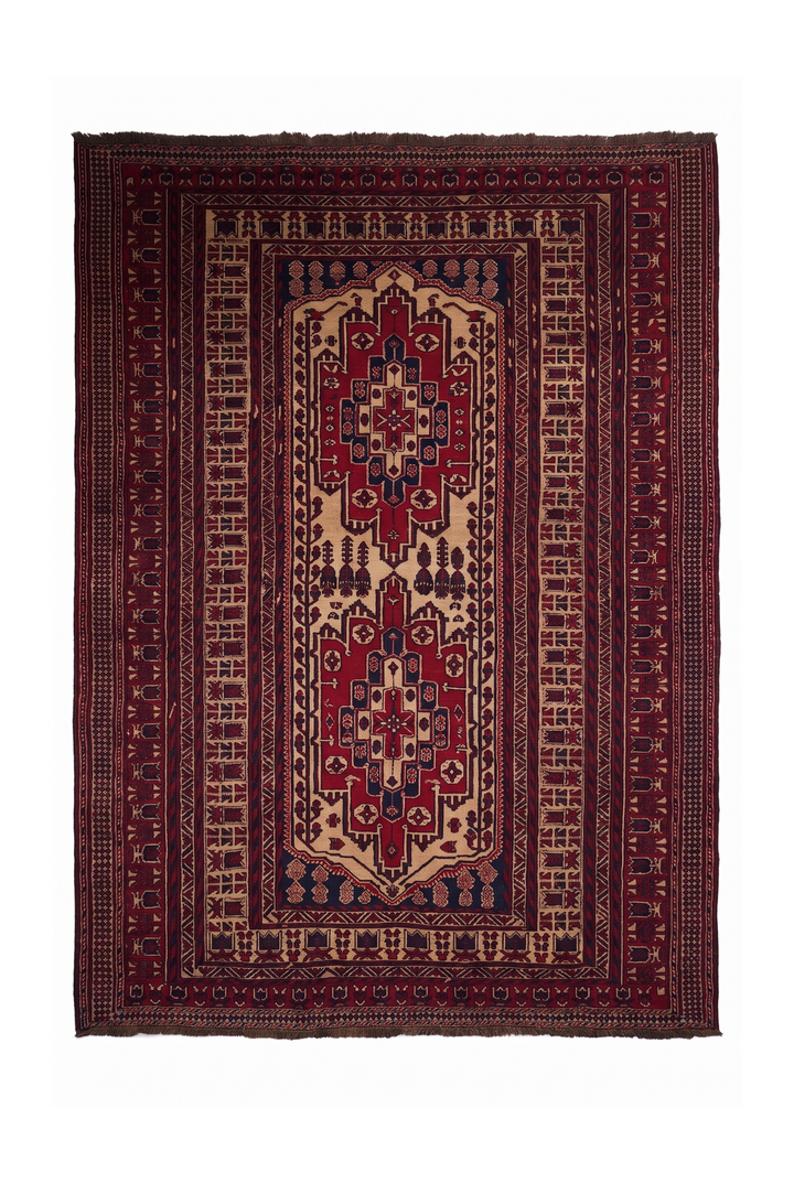 Deep Red and Camel Stepped Turkmen Medallion Kilim, Hand-Woven Wool