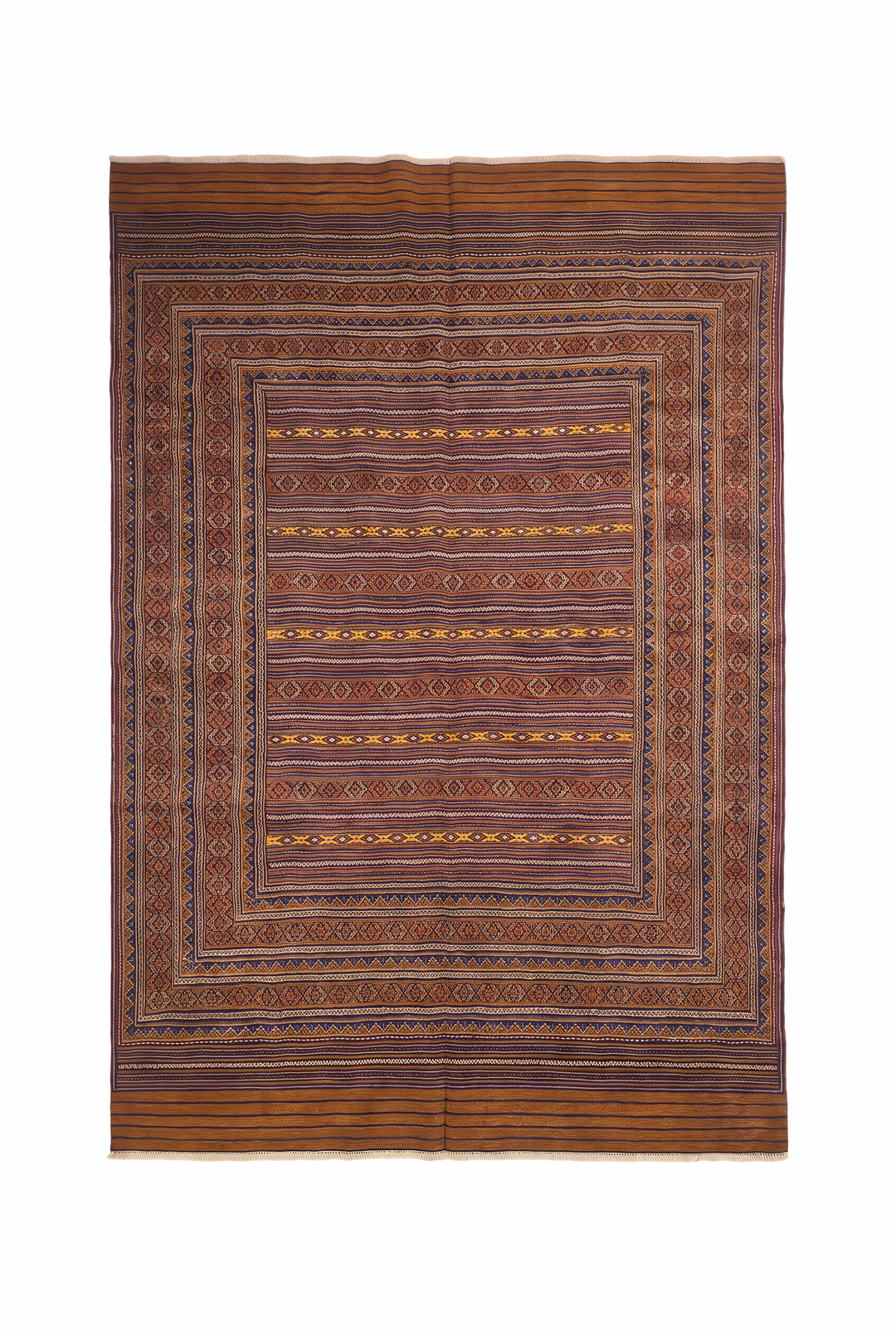 Caramel and Gold Banded Kilim, Hand-Woven Wool