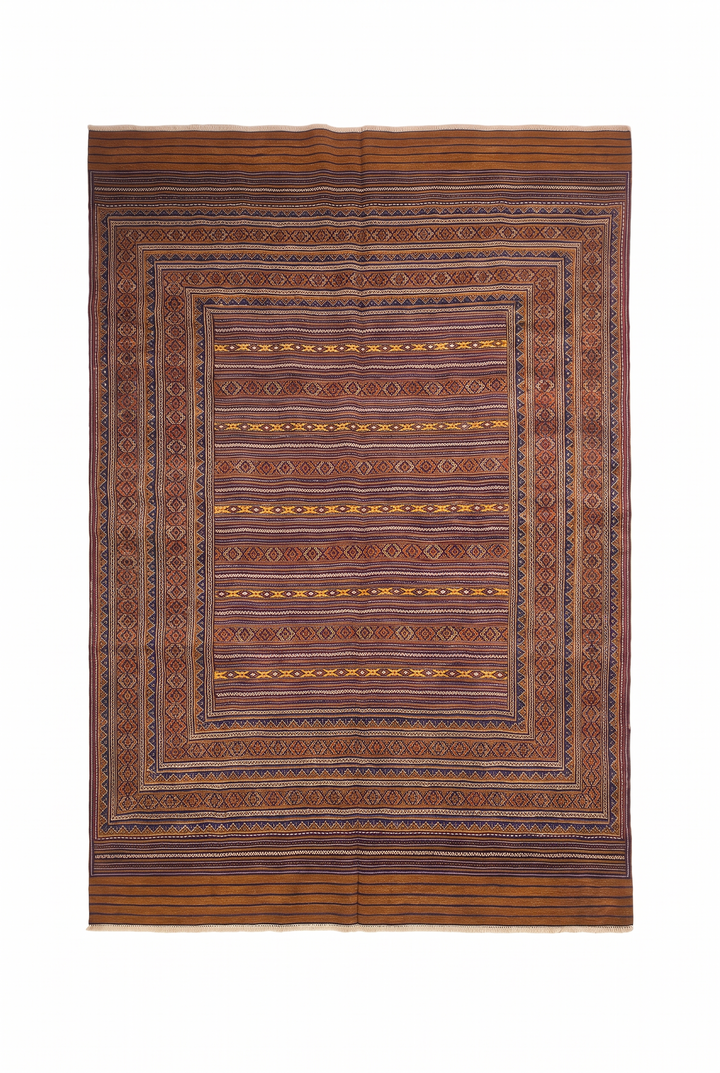 Caramel and Gold Banded Kilim, Hand-Woven Wool