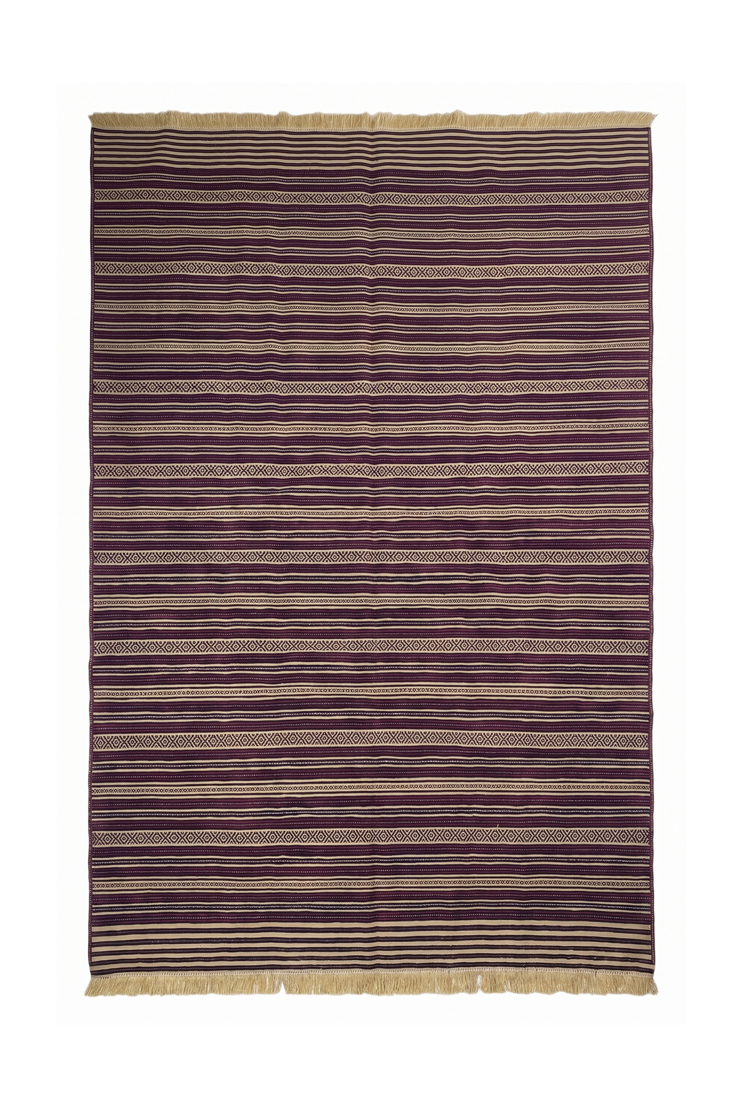 Aubergine and Wheat Striped Kilim, Hand-Woven Wool