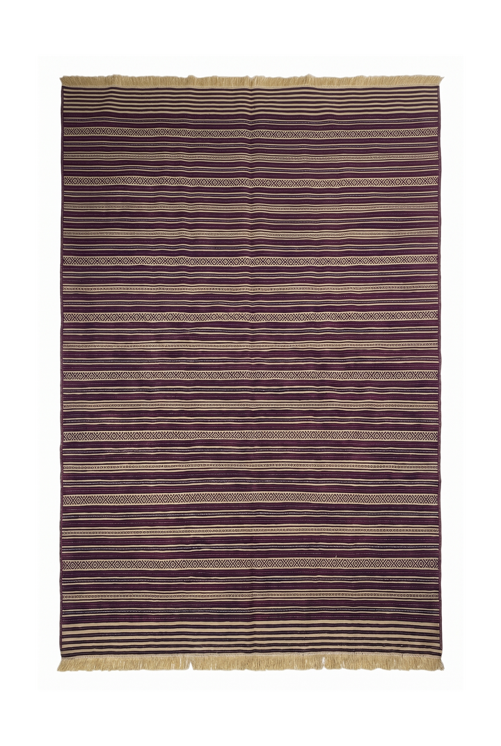 Aubergine and Wheat Striped Kilim, Hand-Woven Wool