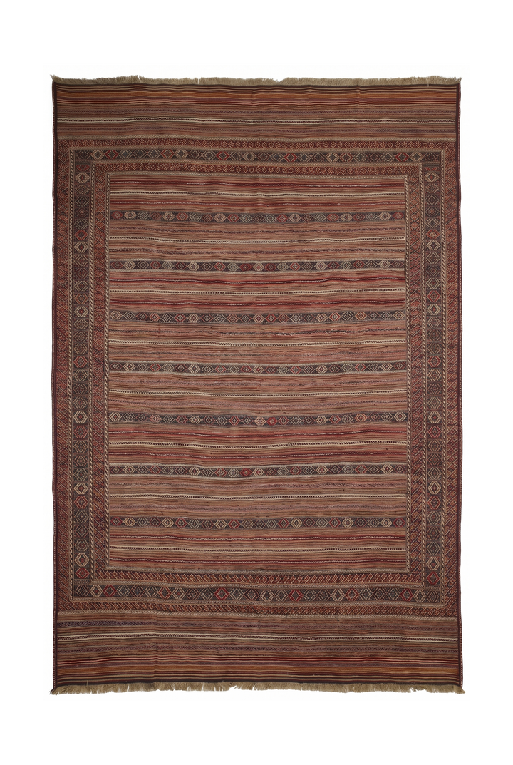Taupe and Cream Banded Kilim, Hand-Woven Wool