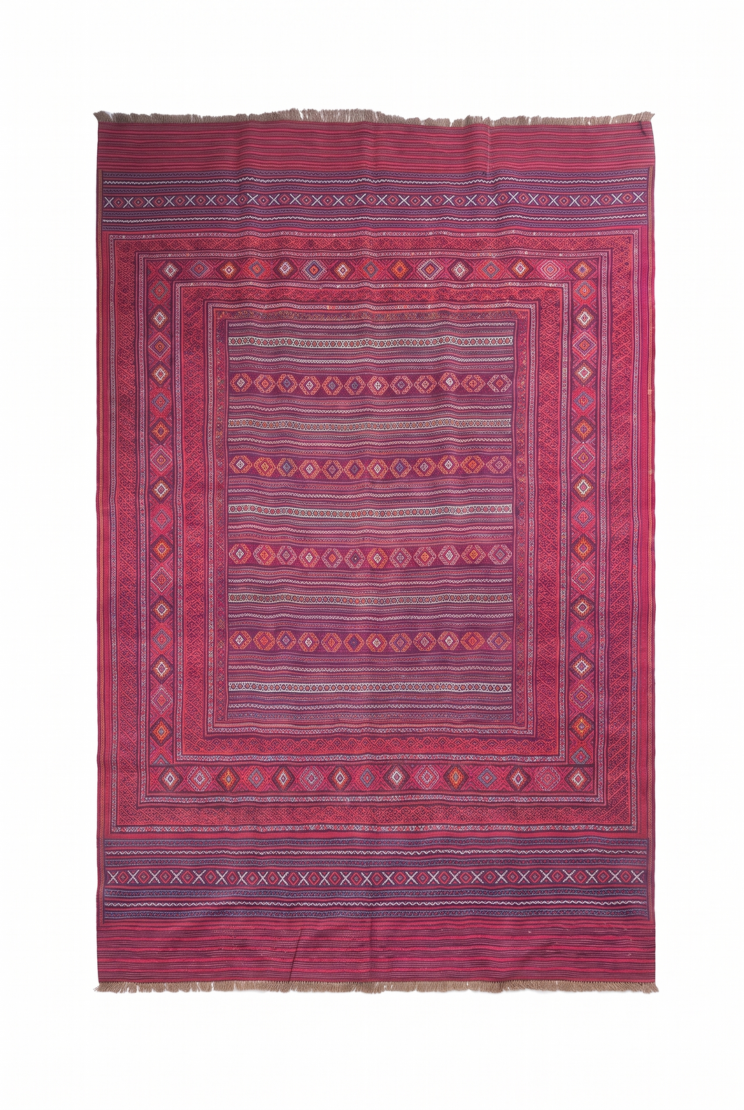 Magenta and Rose Banded Kilim, Hand-Woven Wool