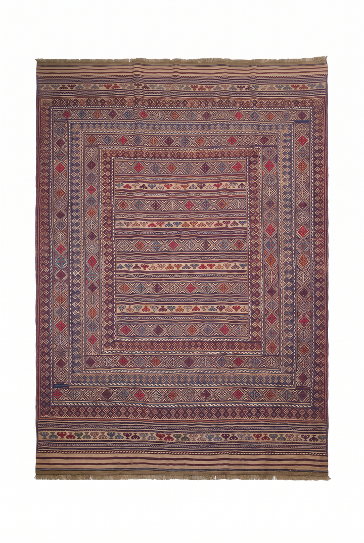 Camel and Indigo Banded Kilim, Hand-Woven Wool