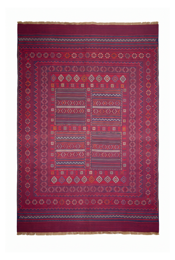 Rose Red and Navy Four-Panel Kilim, Hand-Woven Wool
