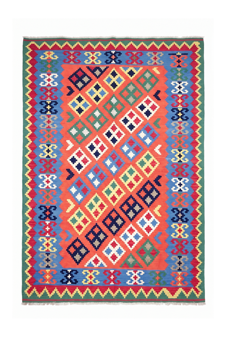 Coral and Green Qashqai Diamond Kilim, Hand-Woven Wool