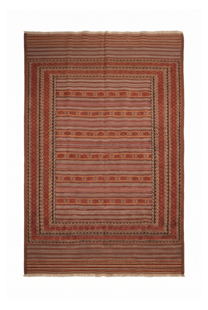 Terracotta and Apricot Banded Kilim, Hand-Woven Wool