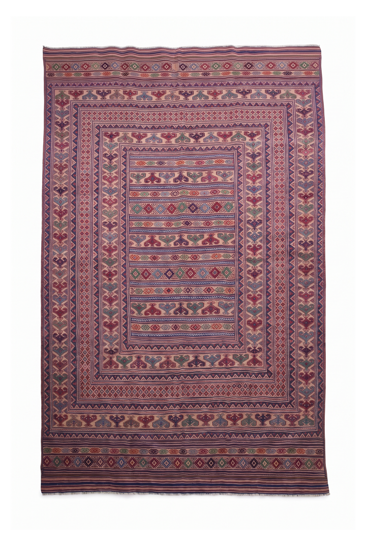 Blush Apricot and Navy Banded Kilim, Hand-Woven Wool