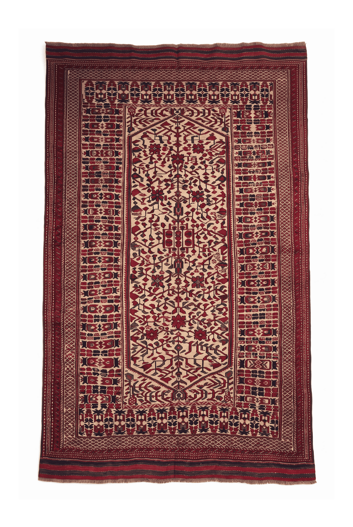 Cream and Red Hooked Medallion Kilim, Hand-Woven Wool