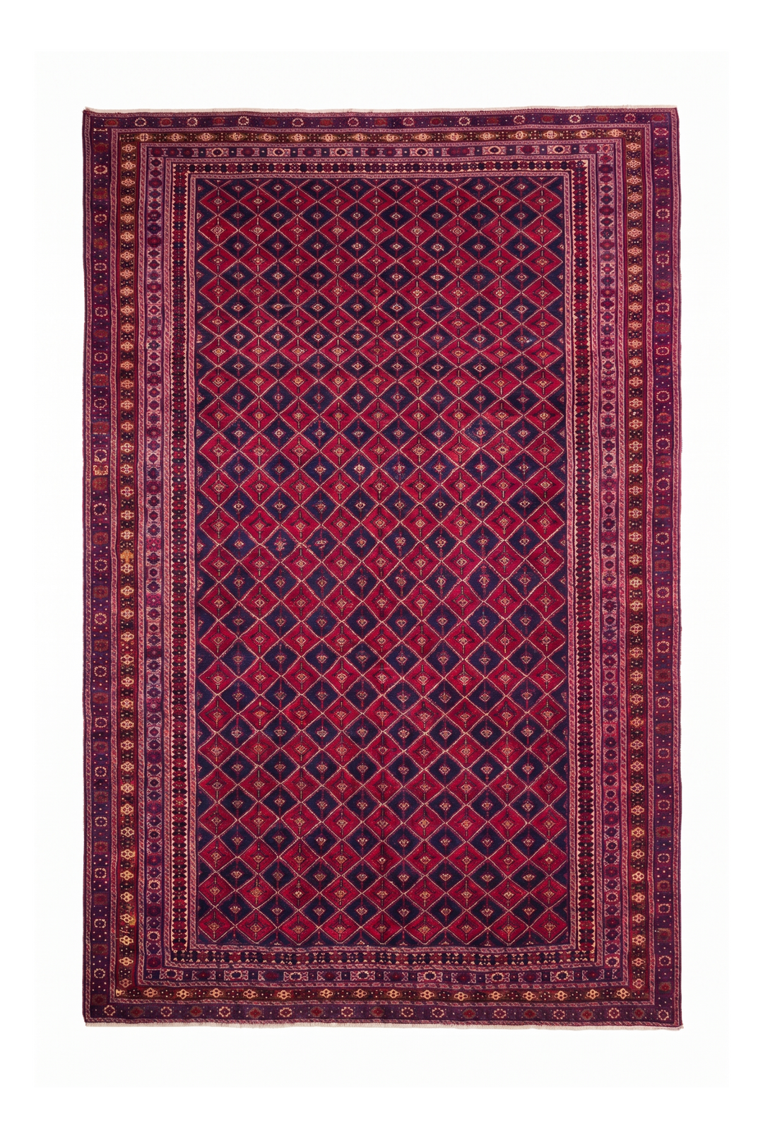 Crimson and Navy Diamond Lattice Kilim, Hand-Woven Wool