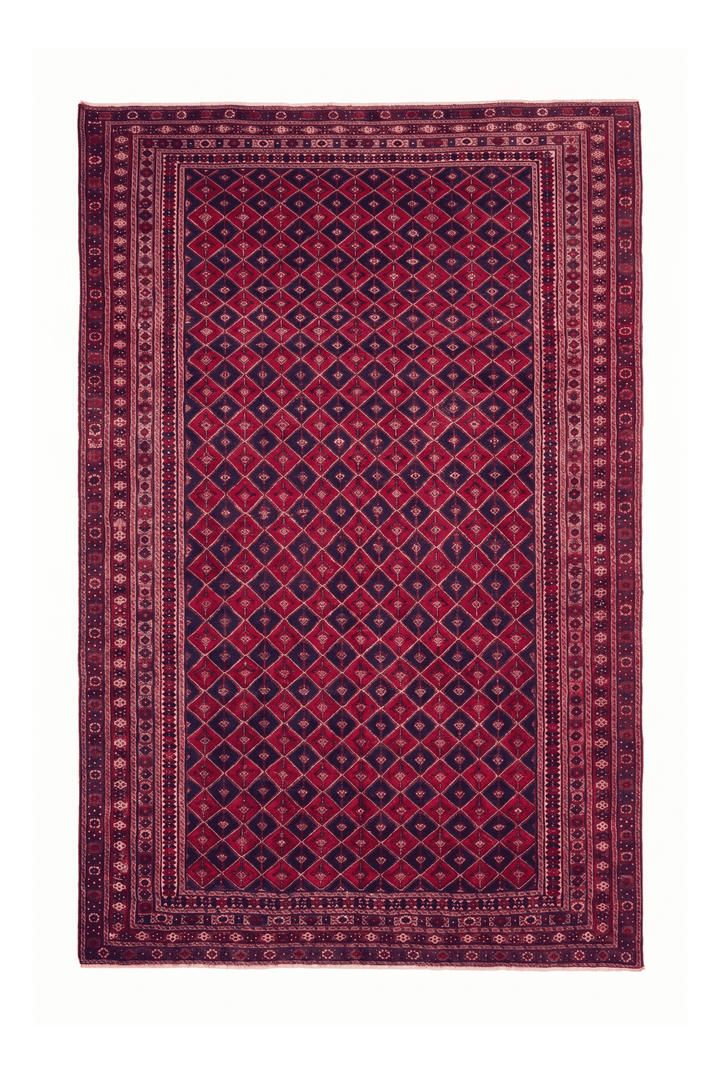 Crimson and Navy Diamond Lattice Kilim, Hand-Woven Wool