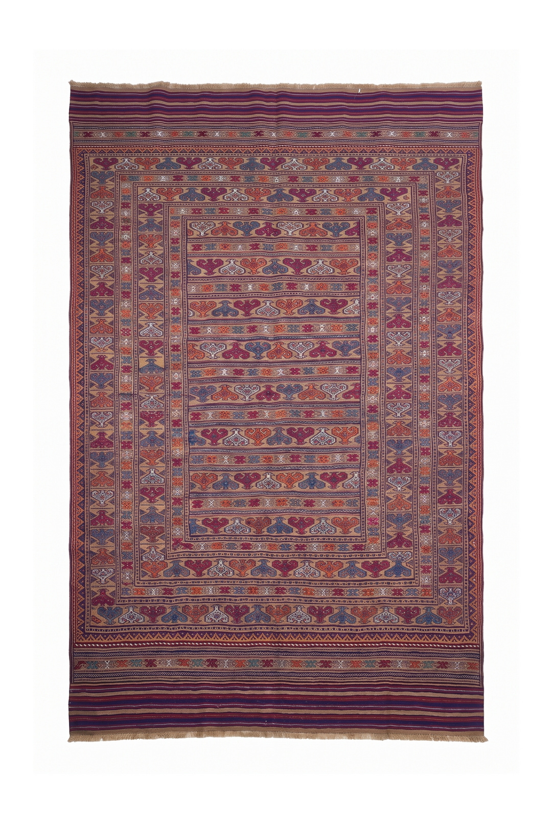 Camel and Burgundy Banded Kilim, Hand-Woven Wool