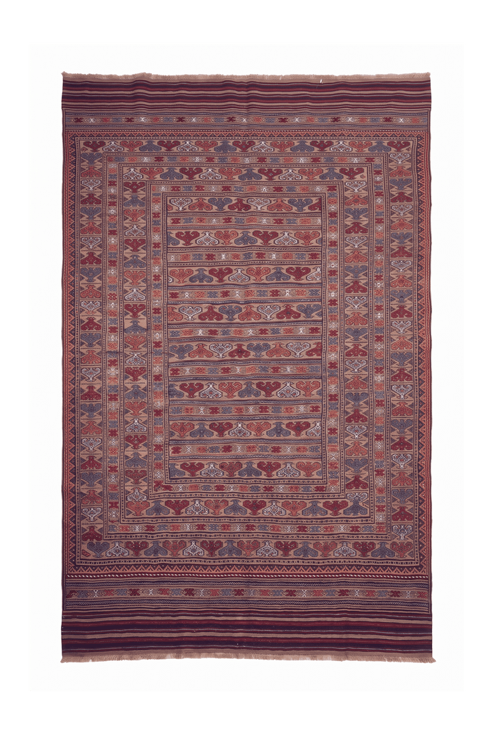 Camel and Burgundy Banded Kilim, Hand-Woven Wool