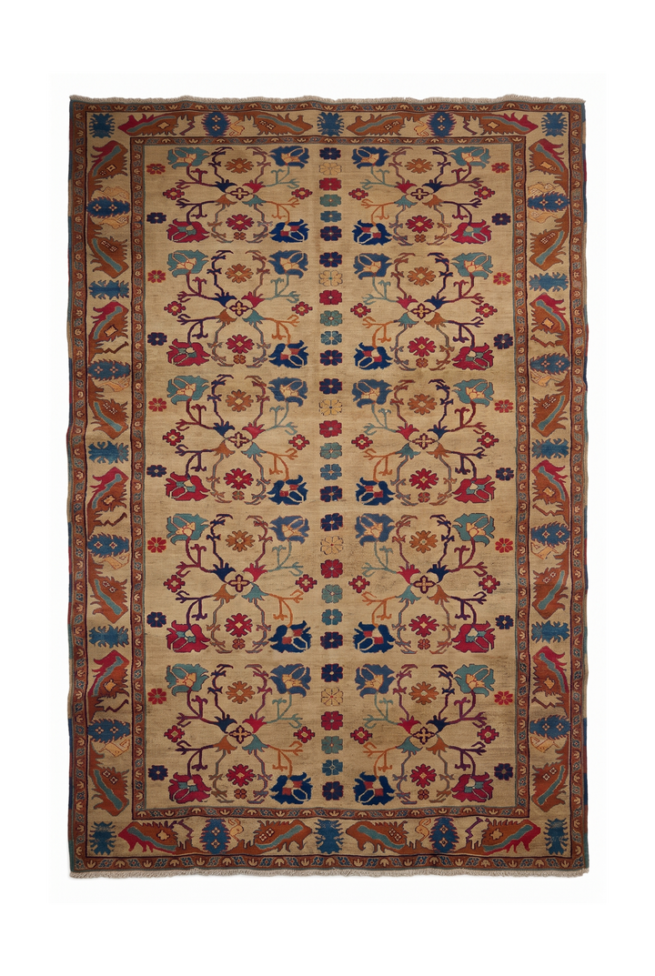 Camel Gold and Rust Palmette Kilim, Hand-Woven Wool