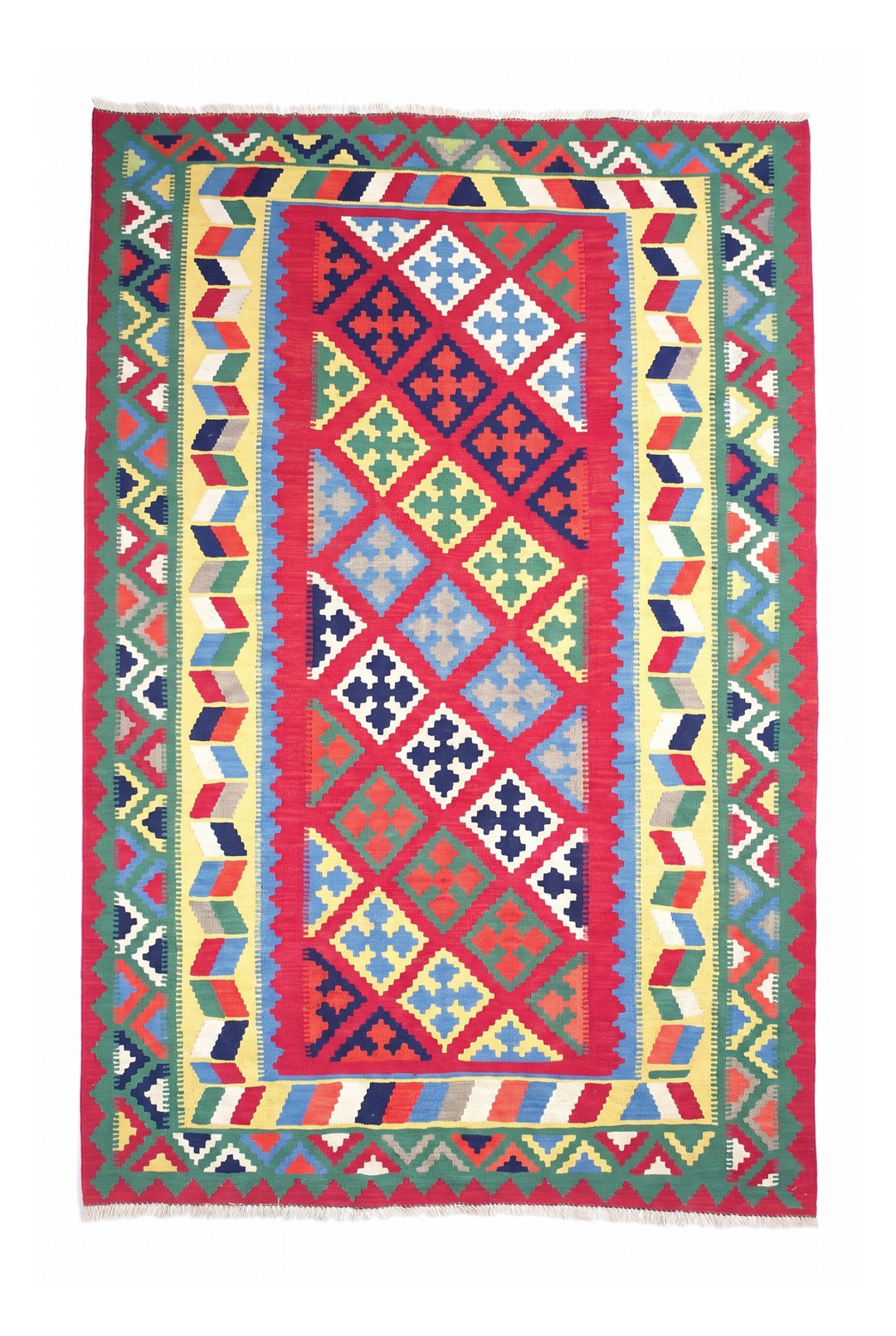 Cerise and Green Qashqai Medallion Kilim, Hand-Woven Wool
