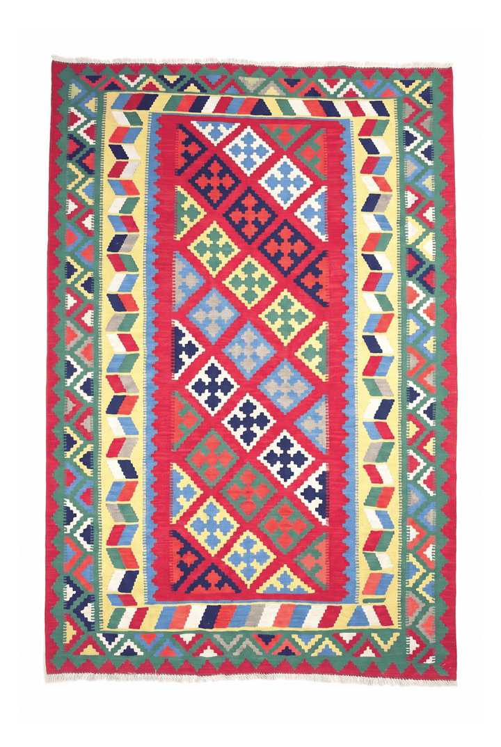 Cerise and Green Qashqai Medallion Kilim, Hand-Woven Wool