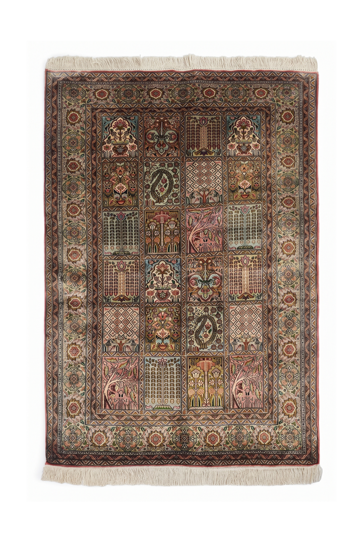 Sage and Rose Khesti Garden Panel, Hand-Knotted Silk Rug