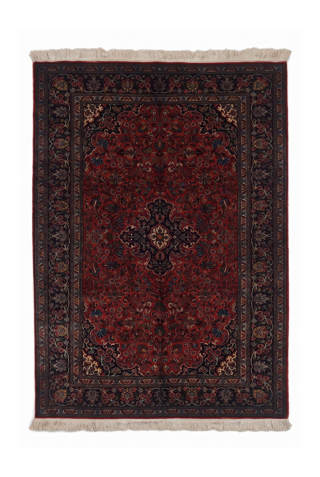 Deep Red and Navy Cloudband Medallion, Hand-Knotted Silk Rug
