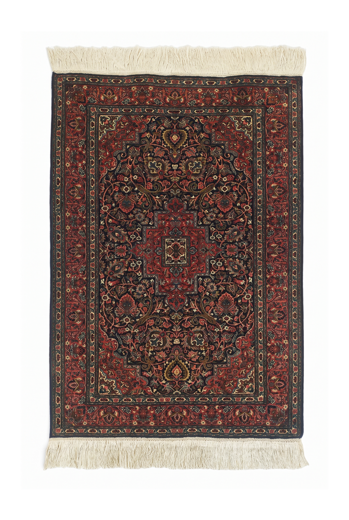 Dark Brown and Brick Red Stepped Medallion, Hand-Knotted Silk Rug