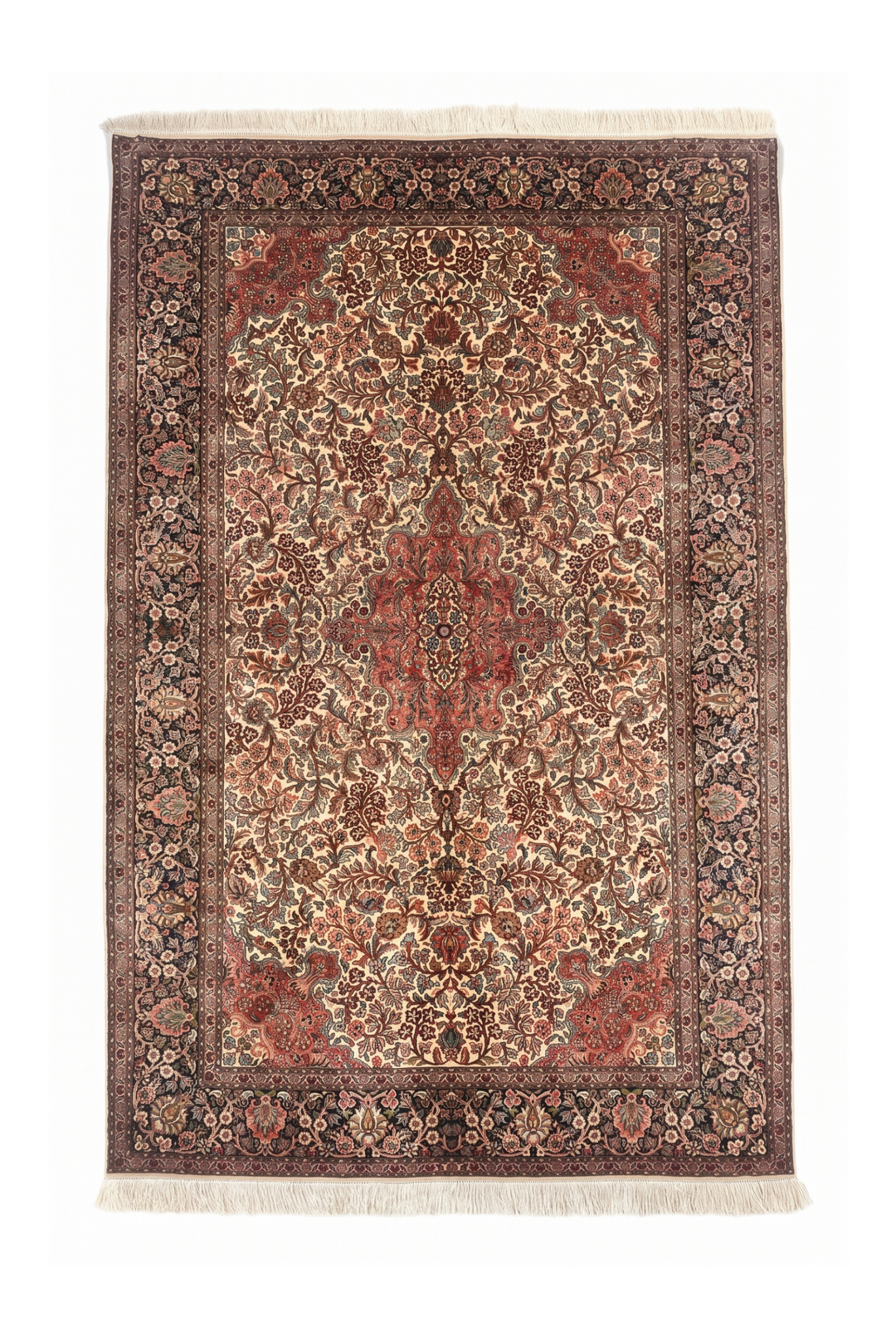 Ivory and Rust Floral Medallion, Hand-Knotted Silk Rug