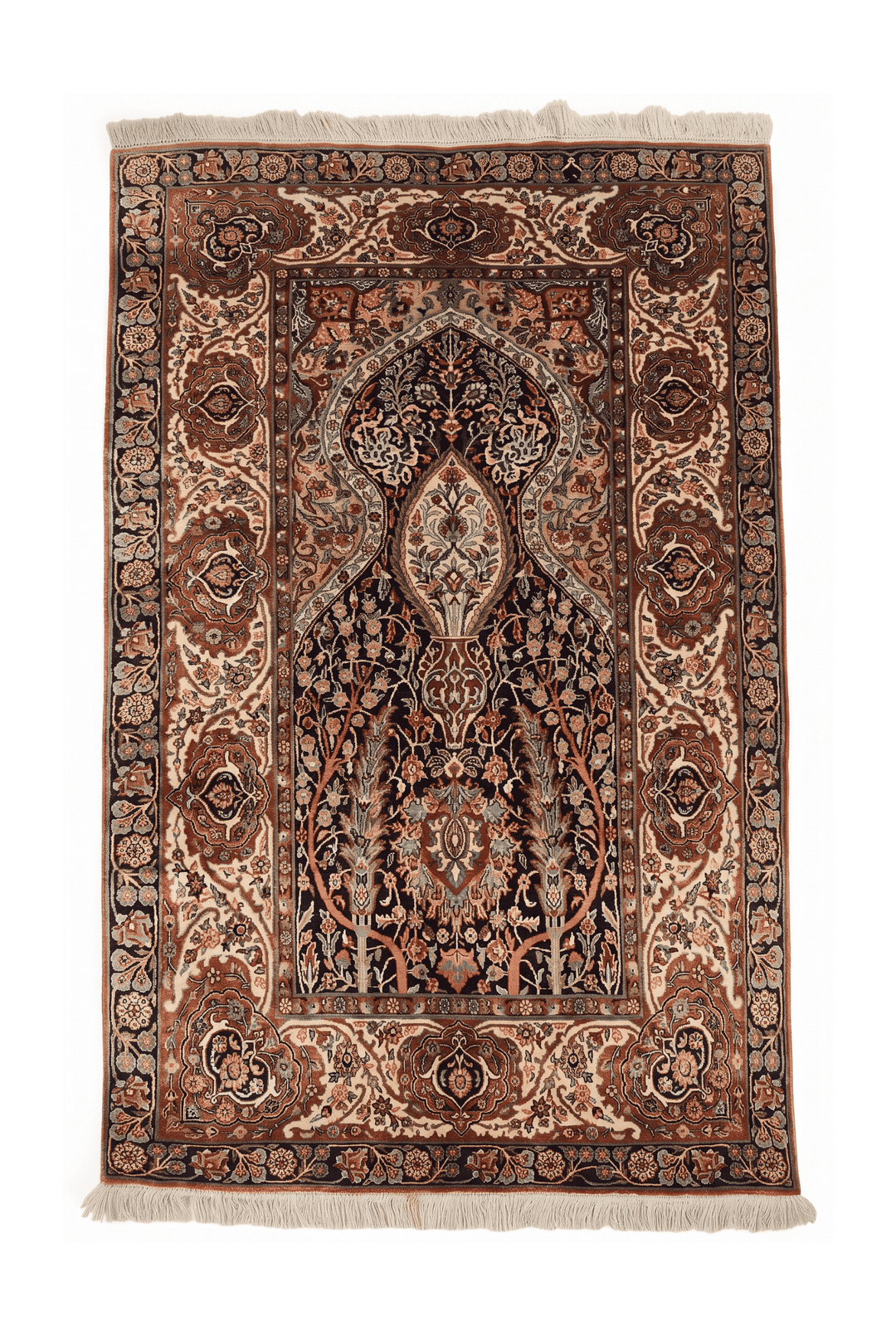 Black and Beige Mihrab Prayer Design, Hand-Knotted Silk Rug