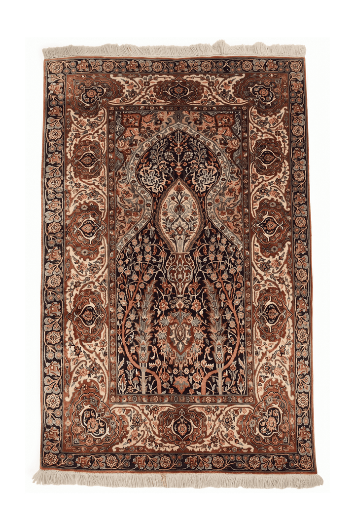 Black and Beige Mihrab Prayer Design, Hand-Knotted Silk Rug