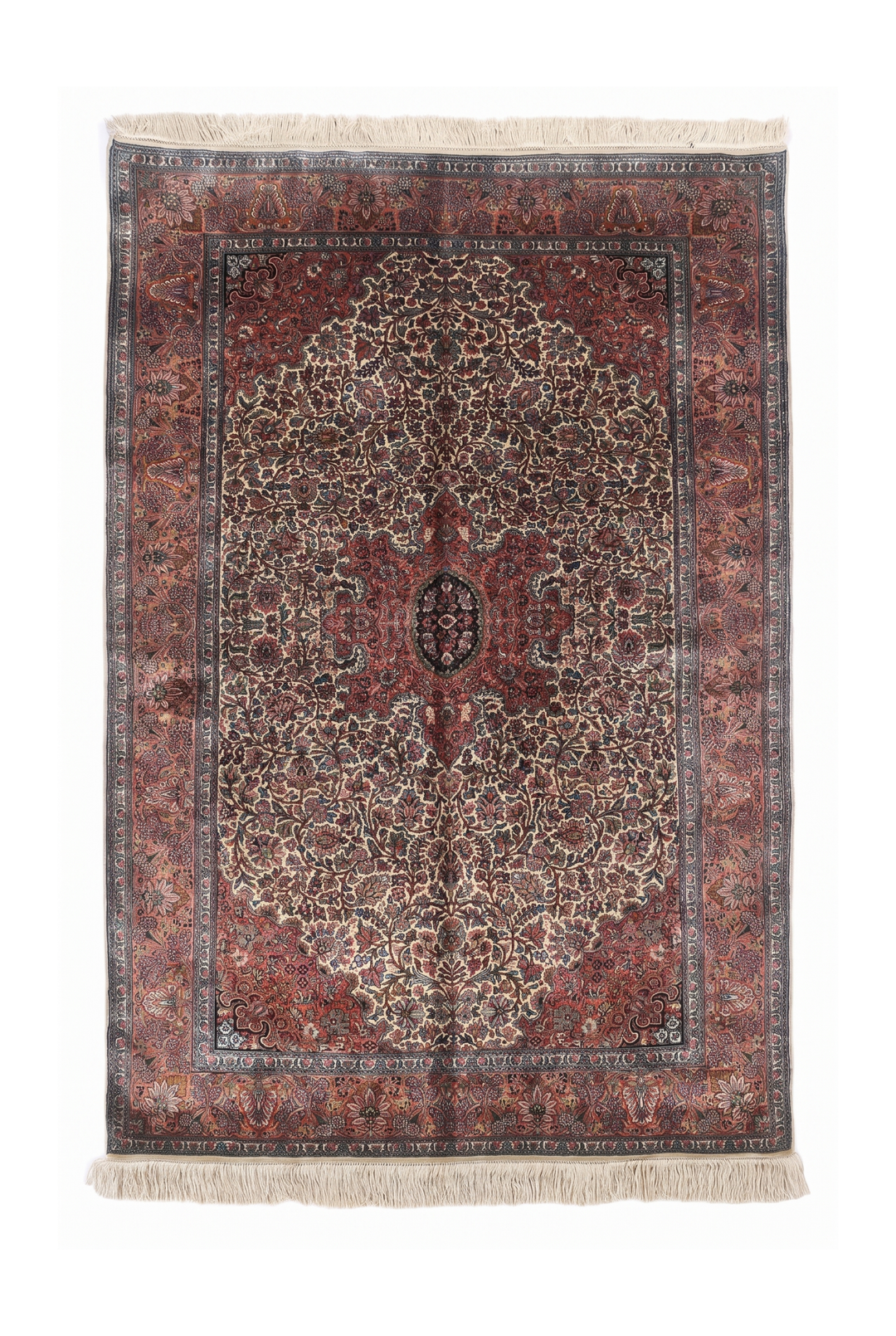 Cream and Rust Lobed Medallion, Hand-Knotted Silk Rug