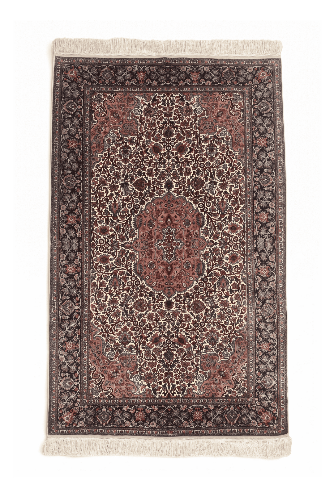 Ivory and Rust Rosette Medallion, Hand-Knotted Silk Rug