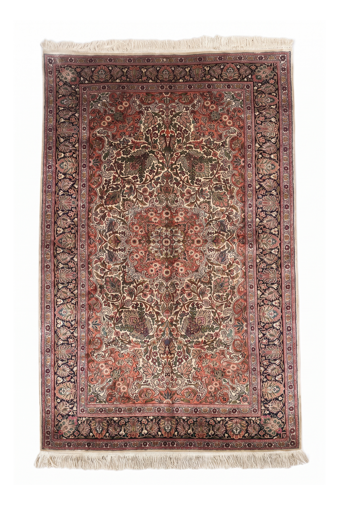 Rose and Black Afshan All-Over Floral, Hand-Knotted Silk Rug