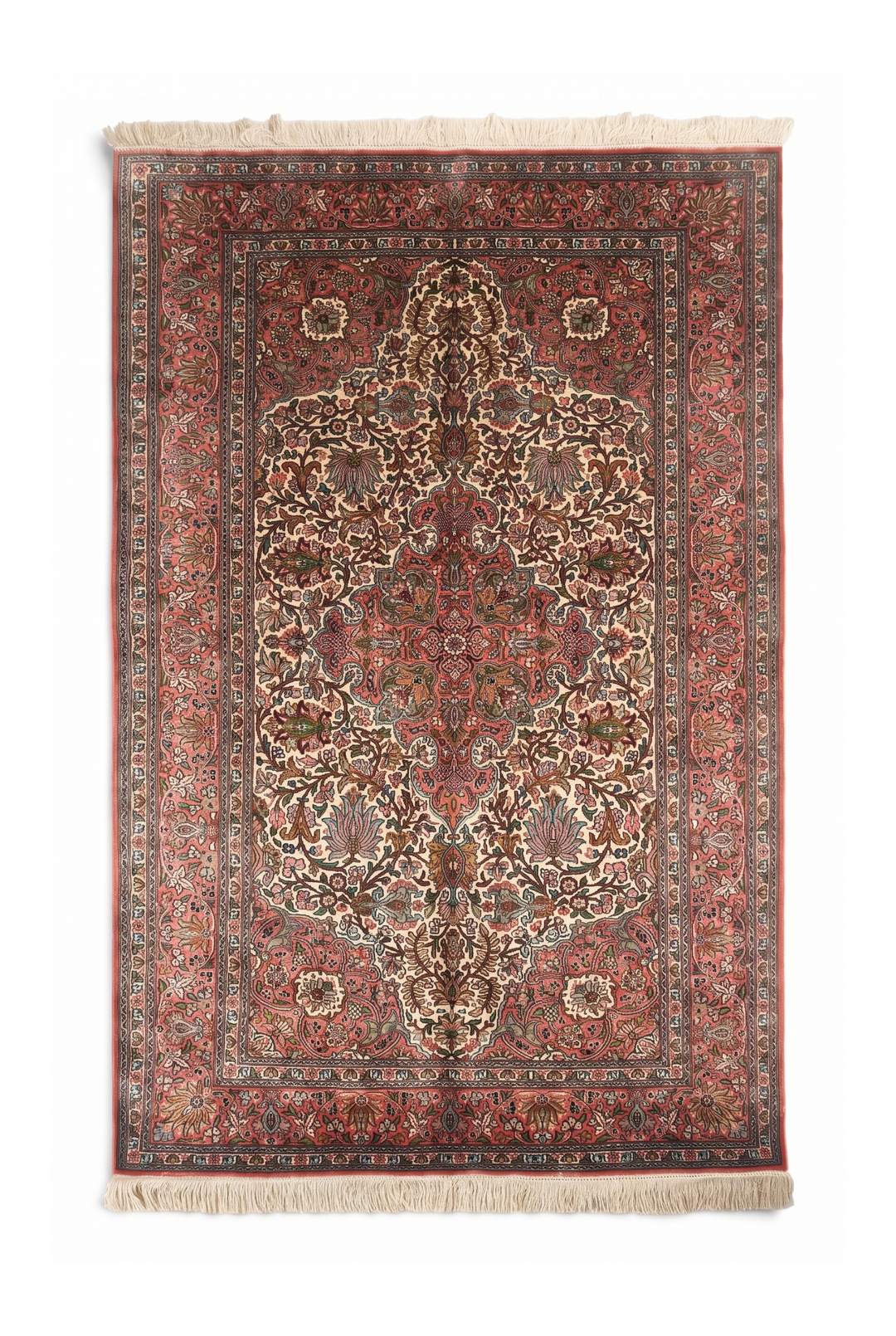 Ivory and Rose Lotus Palmette Medallion, Hand-Knotted Silk Rug