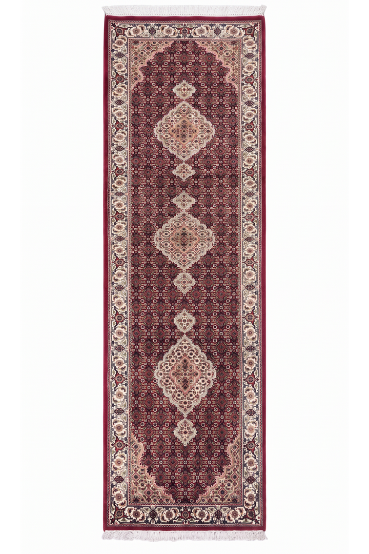 Deep Red and Ivory Mahi Medallion Tabriz, Hand-Knotted Wool Rug