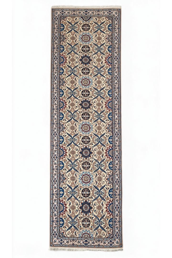 Ivory and Blue Lattice Medallion Nain, Hand-Knotted Wool Rug