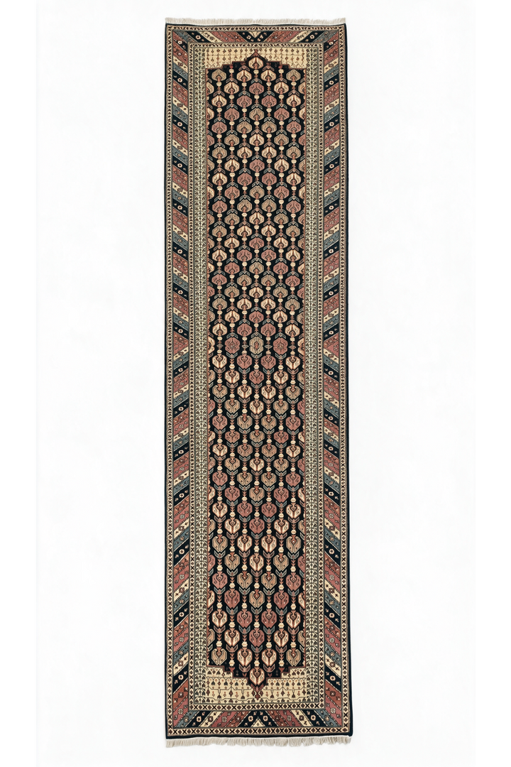 Navy and Dusty Rose Hereke Floral, Hand-Knotted Wool Rug
