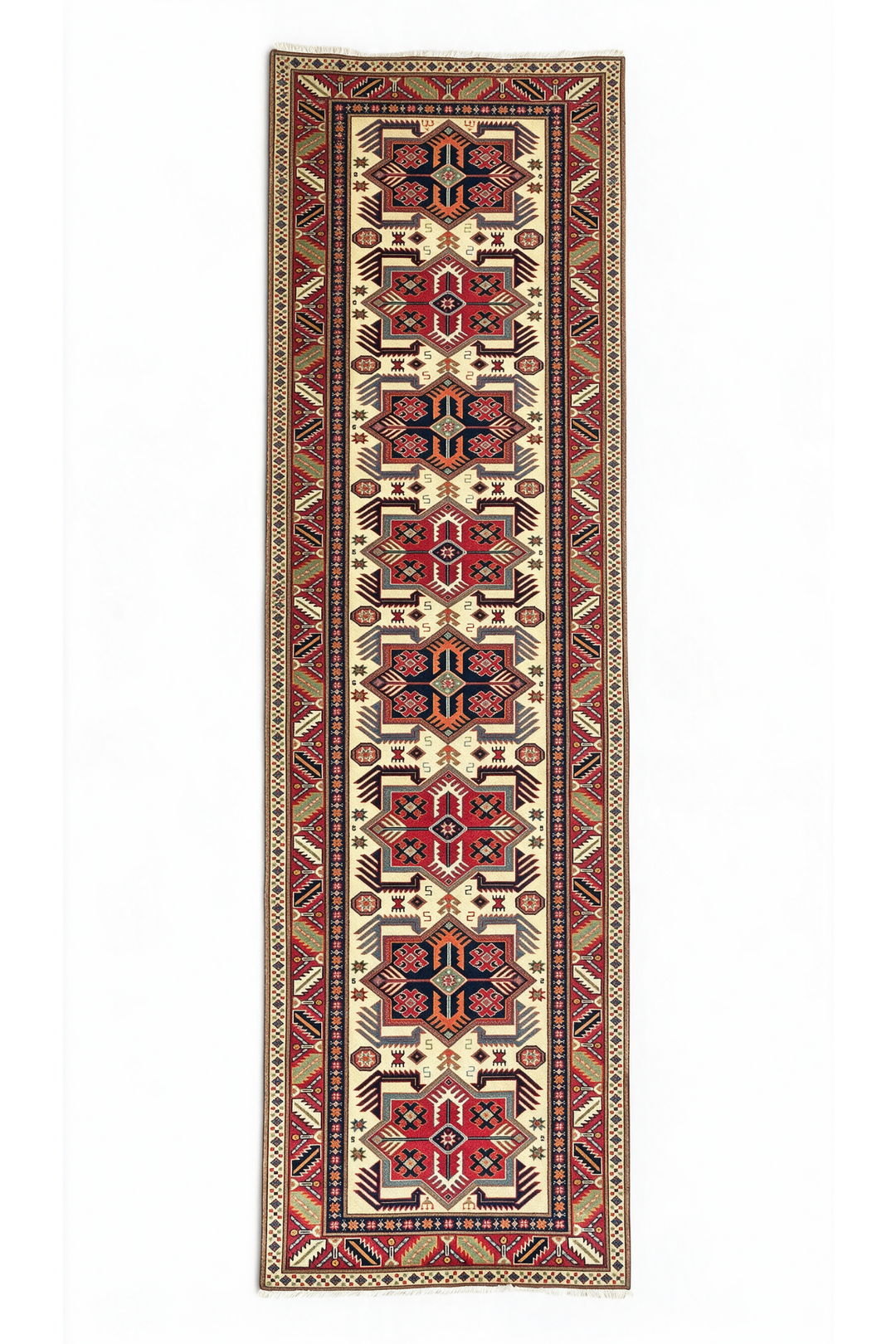 Ivory and Red Hooked Star Medallion Rug, Hand-Knotted Sherwan