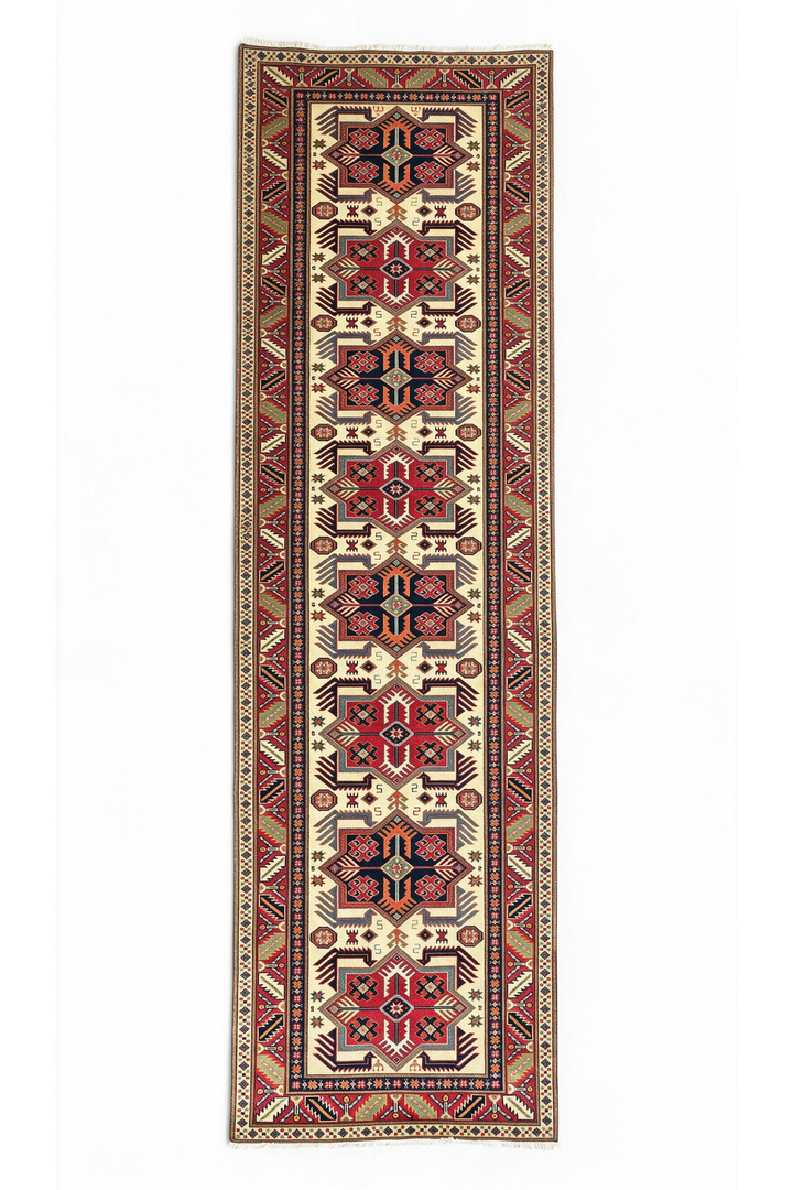 Ivory and Red Hooked Star Medallion Rug, Hand-Knotted Sherwan