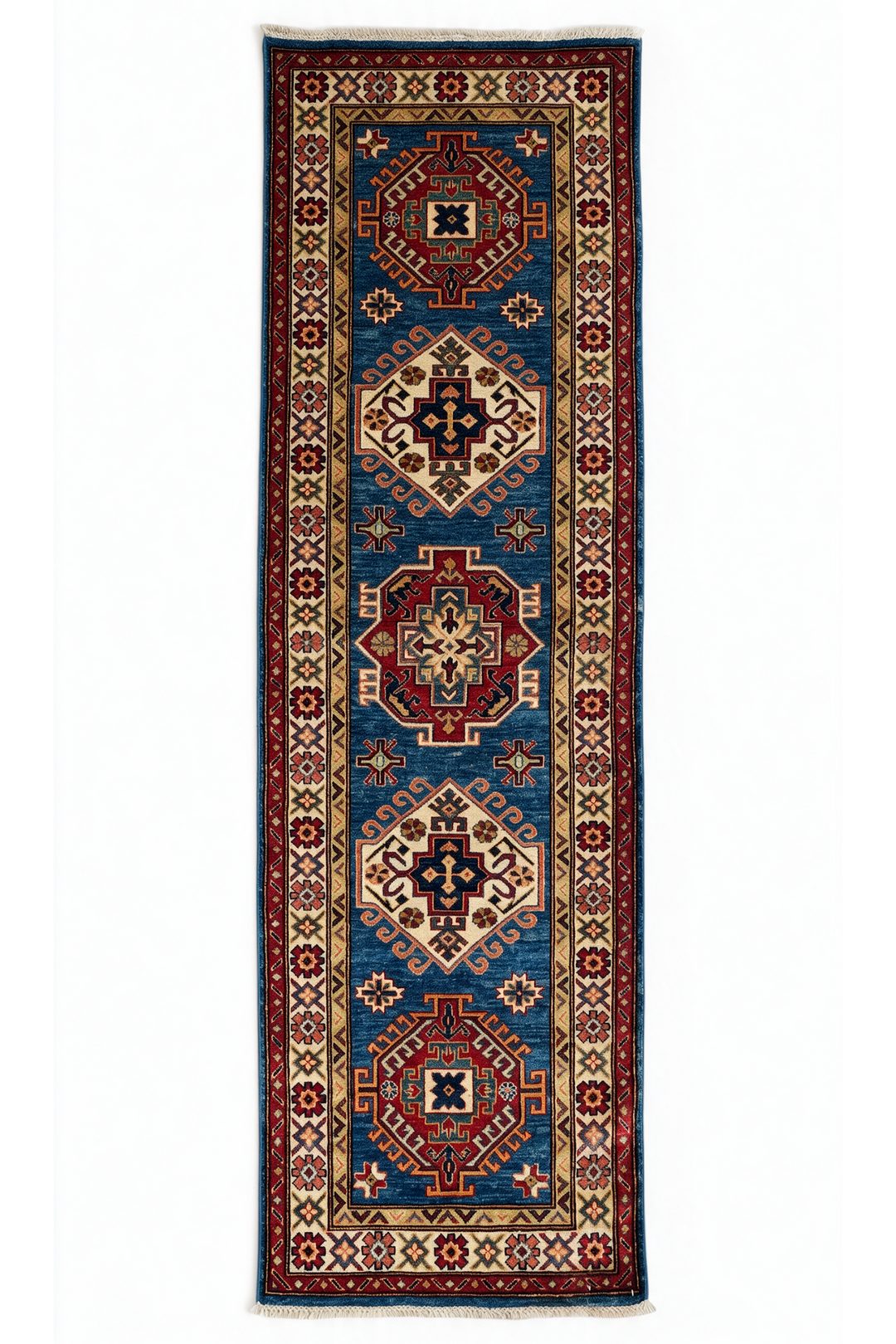 Teal Blue and Cream Hooked Medallion Kazak, Hand-Knotted Wool Rug
