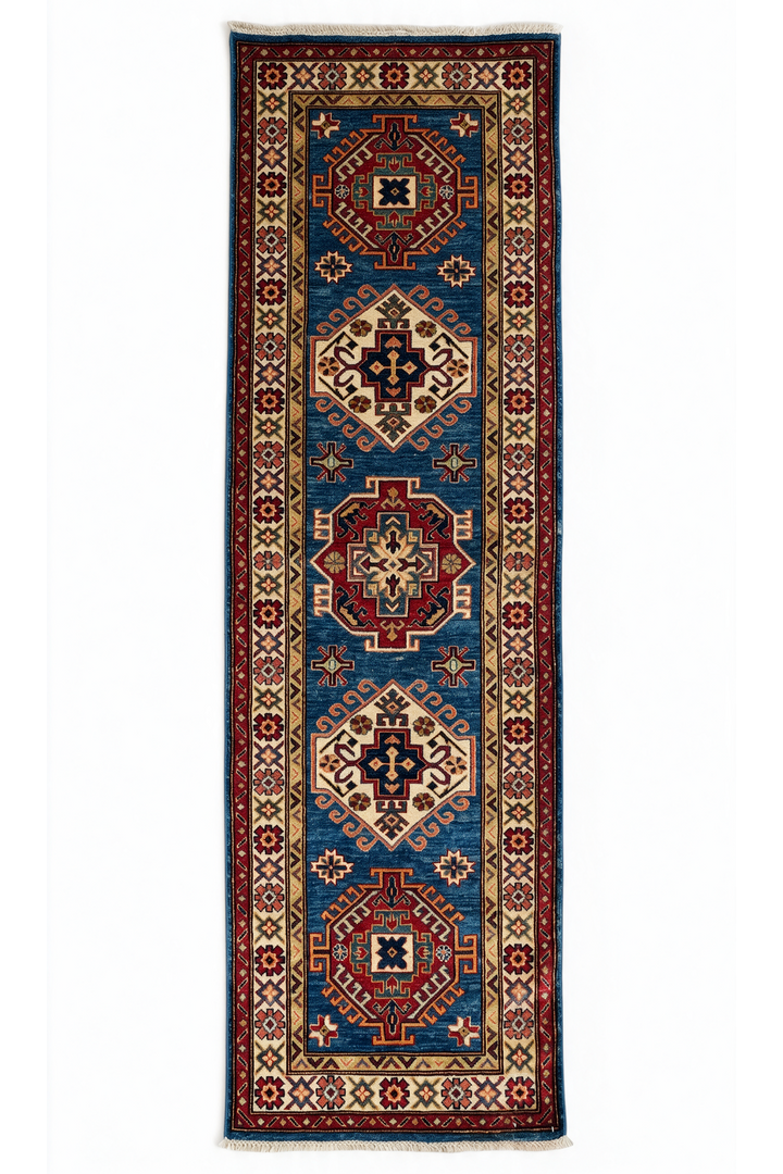 Teal Blue and Cream Hooked Medallion Kazak, Hand-Knotted Wool Rug