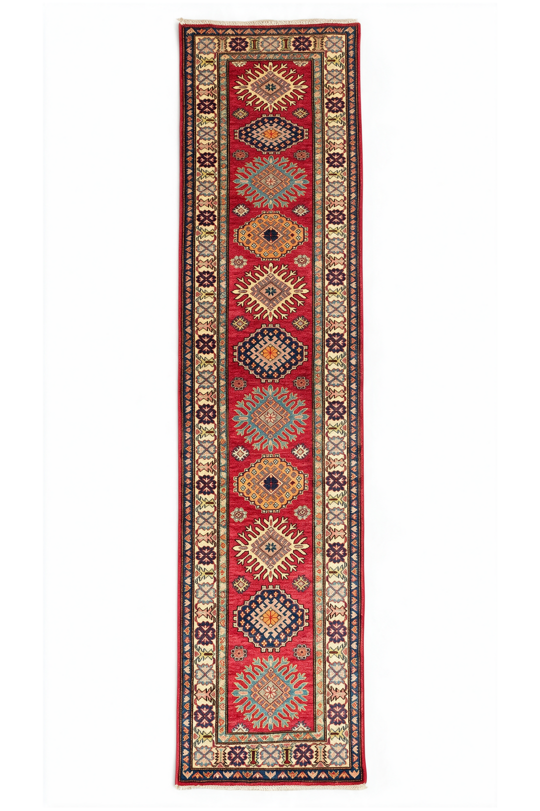 Cherry Red and Cream Starburst Medallion Kazak, Hand-Knotted Wool Rug