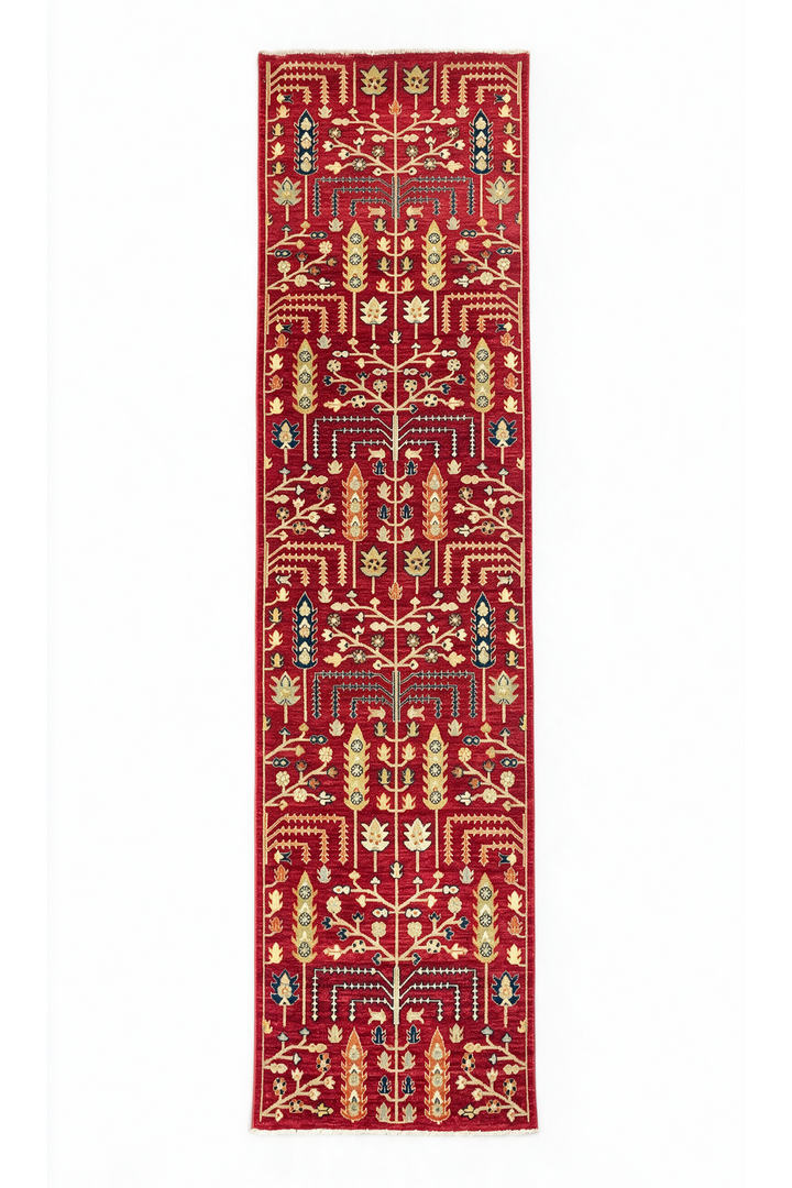 Red and Cream Willow Tree Ghazni, Hand-Knotted Wool Rug