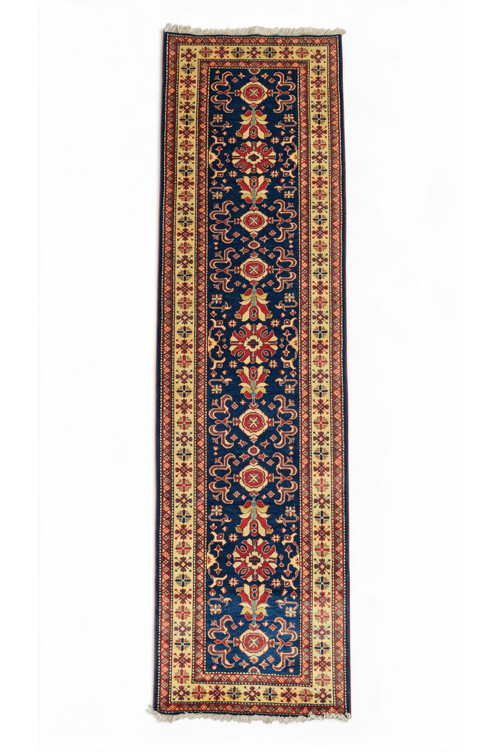 Navy and Gold All-Over Floral Rug, Hand-Knotted Sherwan