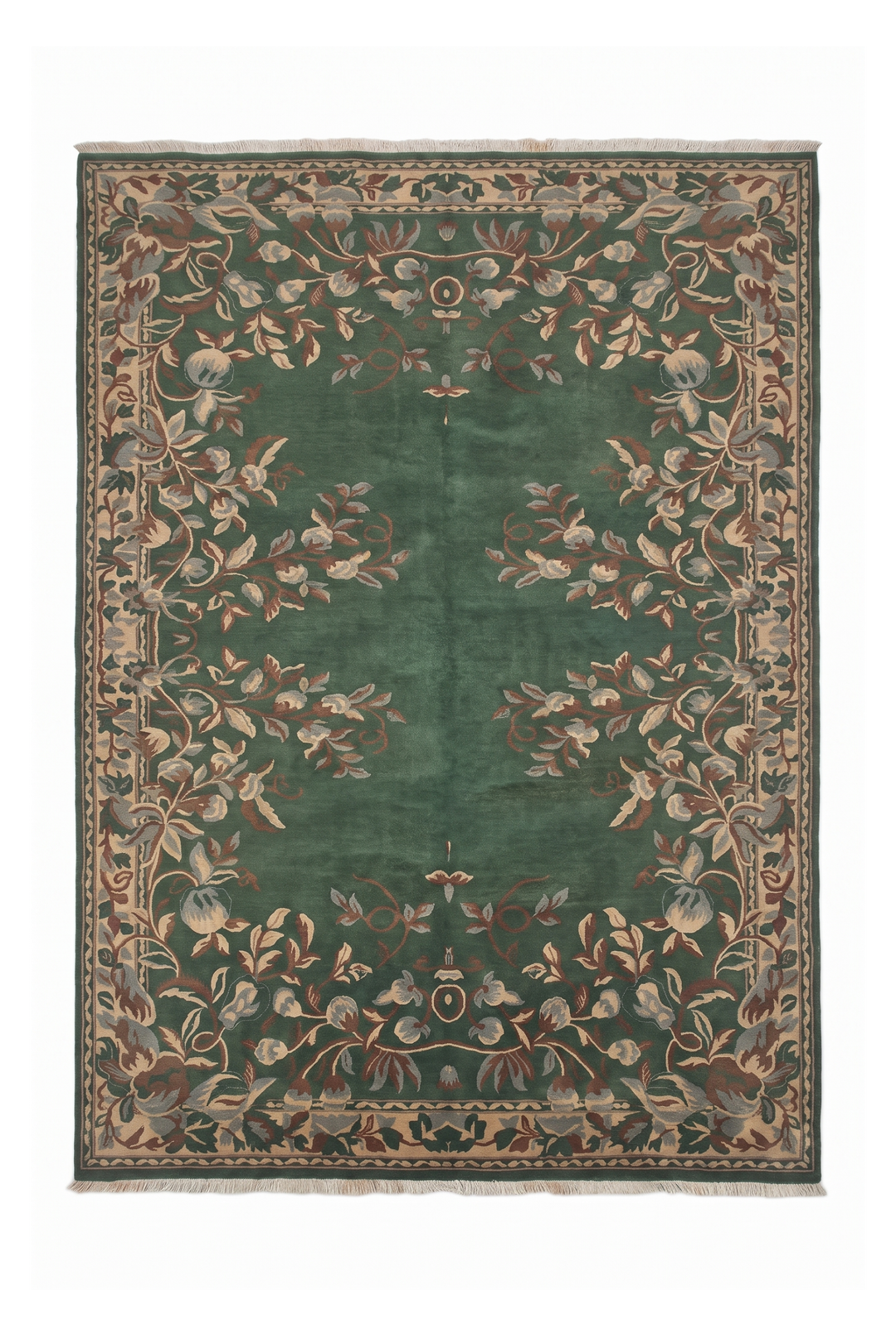 Green and Camel Gol Farang Floral, Hand-Knotted Wool Rug