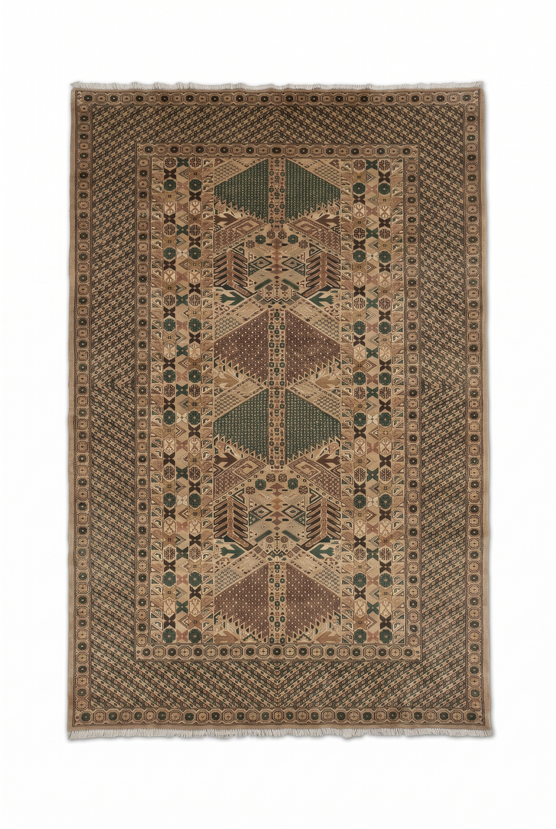 Camel and Green Turkmen Gül, Hand-Knotted Wool Rug