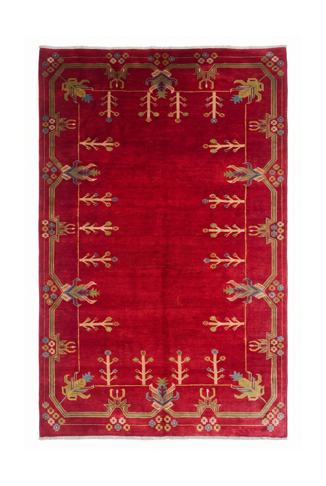 Deep Red and Cream Flowering Tree, Hand-Knotted Wool Rug