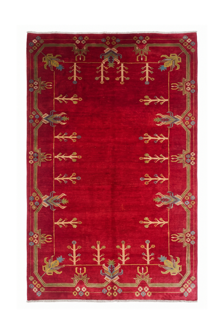 Deep Red and Cream Flowering Tree, Hand-Knotted Wool Rug