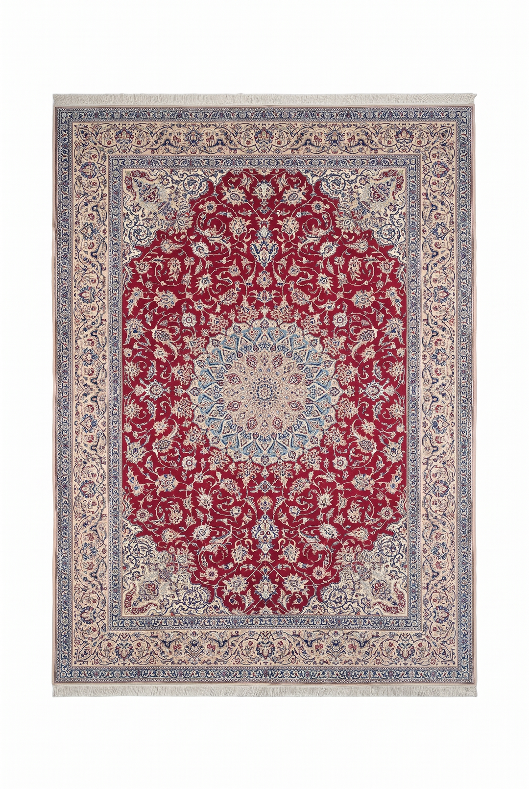 Red and Cream Medallion Nain Shesh La, Hand-Knotted Wool Rug