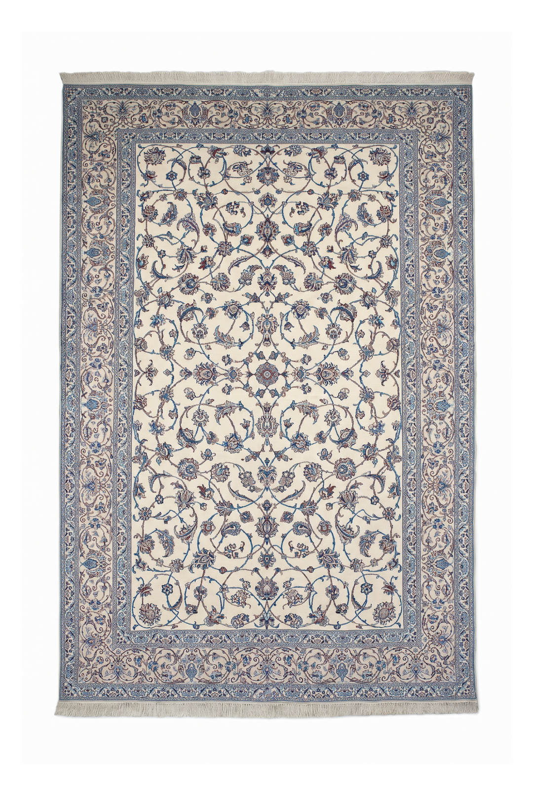 Ivory and Blue All-Over Arabesque Nain, Hand-Knotted Wool Rug