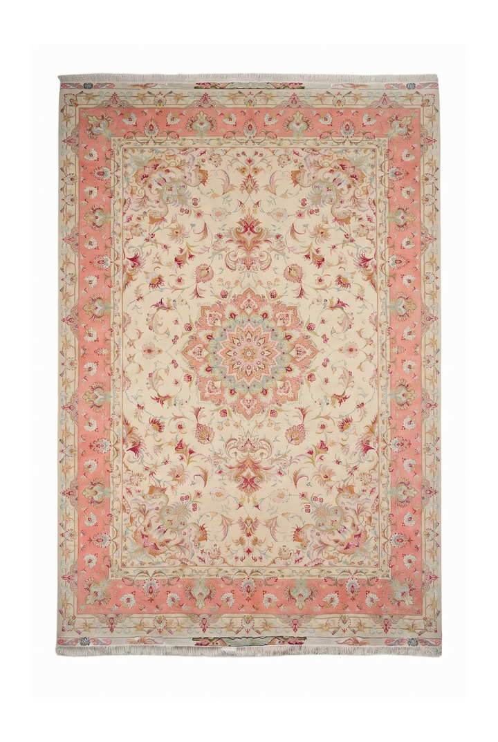 Cream and Coral Medallion Tabriz, Hand-Knotted Wool Rug